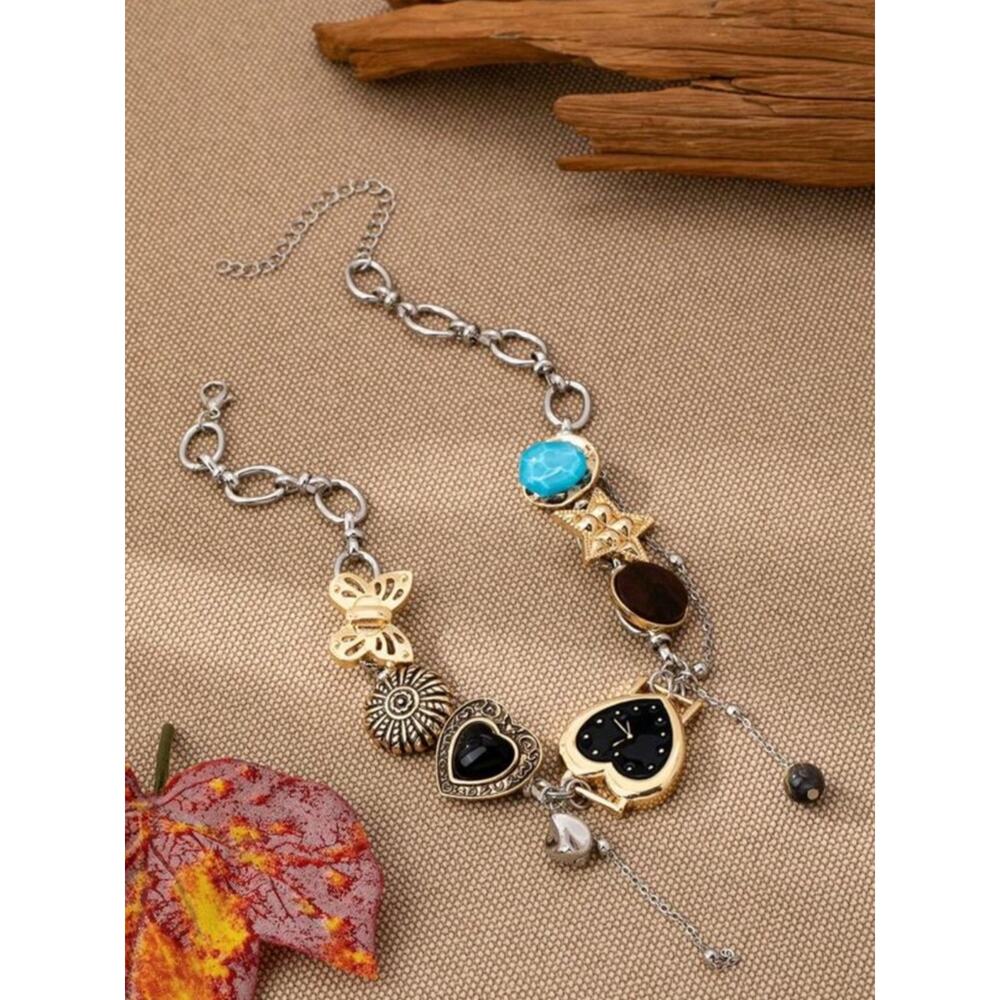 Black Heart Watch Charm Necklace Gold Silver Chunky Y2K Choker - Picture 4 of 6